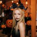 2 x Orange Mouse Ears Halloween Headbands, Bow Bat Halloween Hair Accessories for Woman Man (Black Bow) (Orange)