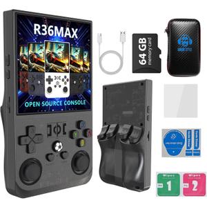R36MAX 4000mAh Portable Rechargeable Handheld Retro Game Console,Comfort Non-Slip Handheld Standing Retro Game Console with 64G TF Car,4.0-inch Screen,for Office,Black