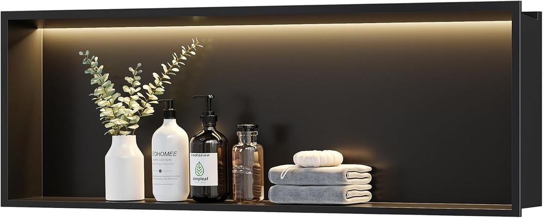 Neodrain LED Light Shower Niche, Matte Black Wall Niche, 36"X12", Stainless Steel Bathroom Cabinet with 3000K Light, Waterproof Recessed Shampoo Storage in wall, No Tile Needed