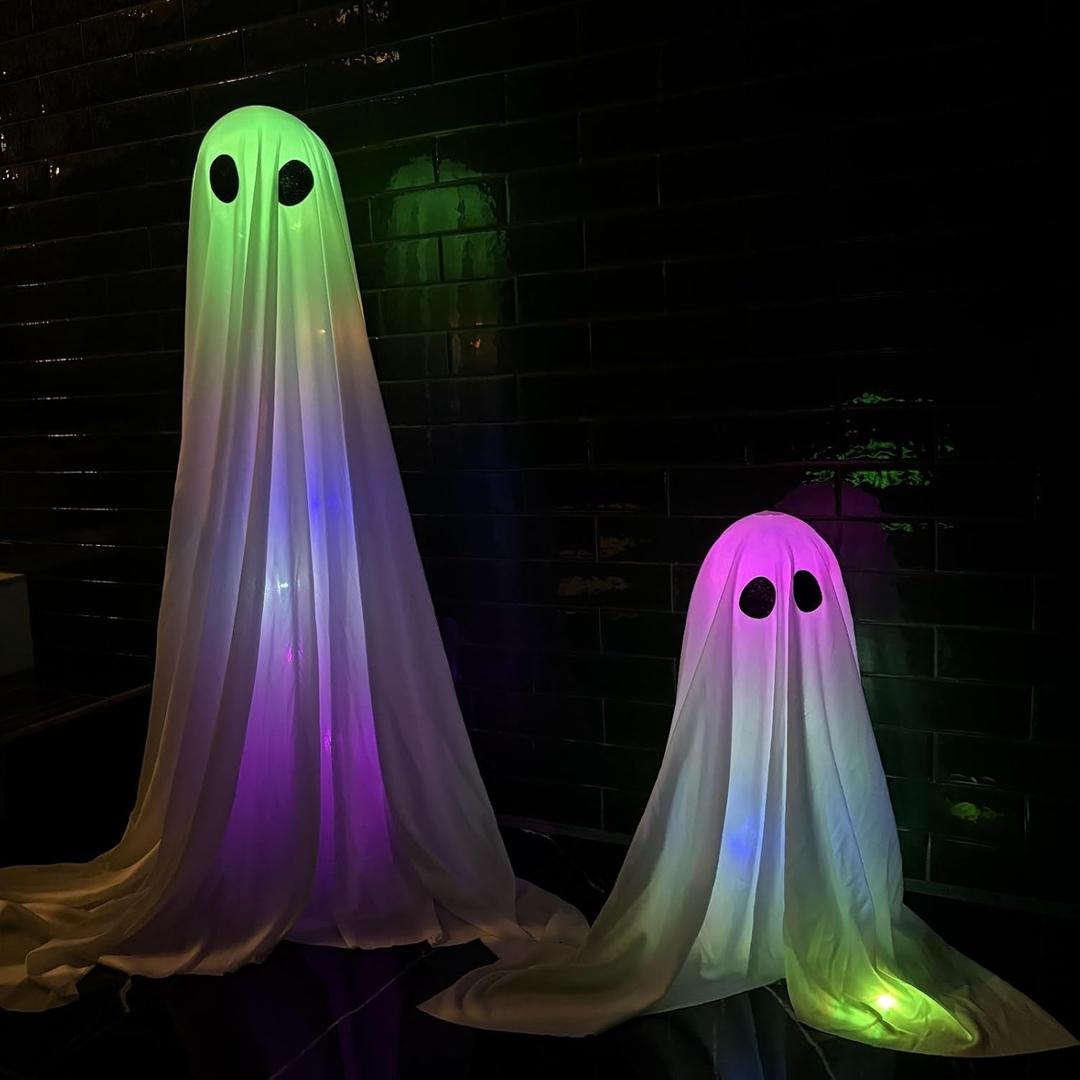 2 Pack Halloween Ghosts Outdoor White Spooky Ghost Decorations Outside 36'' & 18'' Tall RGB Lighting Timer Function Standing Scary Light Up Ghost Kit for Porch, Courtyard, Party, Haunted Houses (RGB)