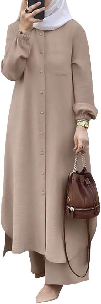Abaya for Women Muslim Two Piece Set Long Sleeve Shirt Dress+ Pants Dubai Arabic Clothes Casual Spring Fall Outfit (Beige, S)