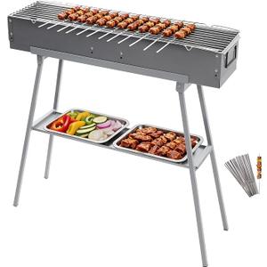 Portable Charcoal Grill with 36Pcs 14" Stainless Steel Skewers, Heavy Duty BBQ Grill with Folding Legs & 31.6x7.1" Cooking Area, Kebab Grill for Outdoor, Camping, Party, Backyard & Picnic