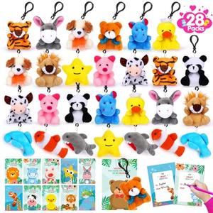 28 Packs Valentines Day Gifts for Kids Girls Boys with Valentines Stuffed Animal Keychain Valentine Cards for Kids Classroom Exchange Gifts Mini Animal Plush Toys Valentines Party Favor School Prizes