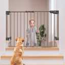 Cumbor 29.243" Baby Gate for Stairs, Wall-Mounted (Drill Required), Expandable No Bottom Bar Dog Gate, Auto Close Extra Wide Walk Thru, Pet & Toddler Proof Gate, Top & Bottom of Stairways (Brown)