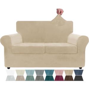 ZNSAYOTX Luxury Velvet Sofa Cover 3 Piece (57"-70") Stretch Loveseat Covers for 2 Cushion Couch Thick Soft Couch Slipcover with Non Slip Strap, Dog Pet Friendly Nice Furniture Protector (Camel)