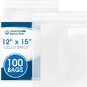 Spartan Industrial - 12" X 15" (100 Count) Crystal Clear Resealable Cello Poly Bags for Packaging, Clothing & T Shirts - Self Seal & Reinforced