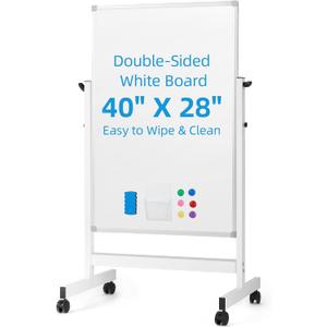 VOWNER Rolling Whiteboard, 40 x 28 Double Sided WhiteBoard on Wheels, Height Adjustable Dry Erase Board with Stand, Magnetic Mobile White Board for Office, Home, Classroom, White