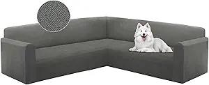 Sectional Couch Cover L Shape Stretch Sofa Covers Washable Jacquard Corner Couch Slipcover Non Slip Sectional Slip Cover U Shaped Furniture Protector for Pets Dogs (Charcoal Grey, X-Large)