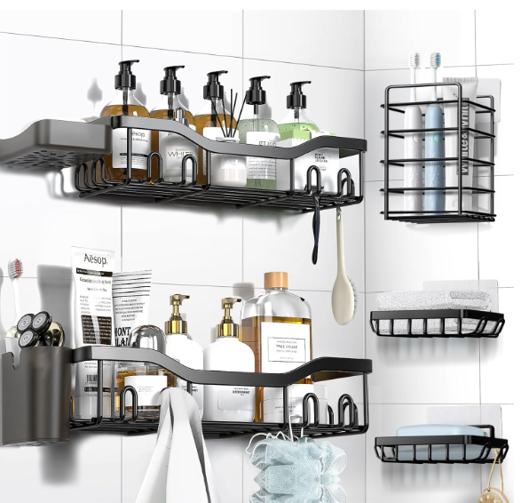 NESOMI Shower Caddy Adhesive Shower Organizer 7-Pack, Rustproof Stainless Steel Bathroom Shelves, Large Capacity No-Drill Rack Storage Accessories with Soap Dish Toothbrush Holder &24 Hooks Home Decor : Home & Kitchen