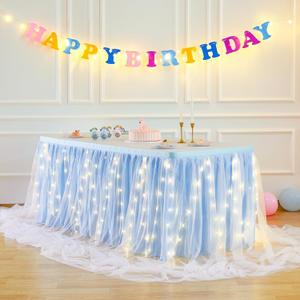 PARTISKY Blue Tulle Tutu Table Skirt for Rectangle Tables or Round Table,Led Light String Table Cloth for Boys Girls Baby Shower Baby Shark Themed Party Dessert/Cake Tables