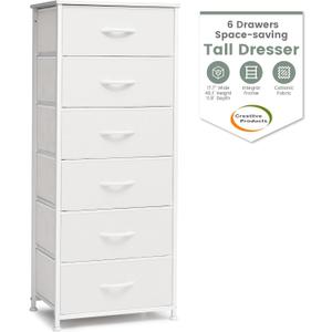Crestlive Products Tall Dresser for Bedroom Vertical Storage Tower - Sturdy Steel Frame, Wood Top, Easy Pull Fabric Bins, Handles - Organizer Unit for Hallway, Entryway, Closets - 6 Drawers (White), 11.8"D x 17.7"W x 45.8"H