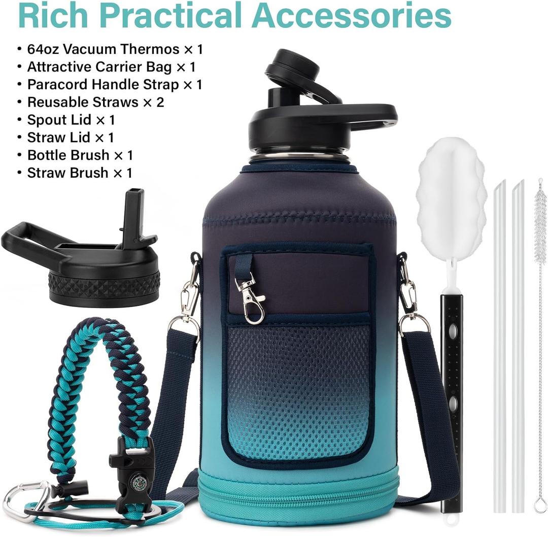 Insulated Water Bottle | Thickened Stainless Steel Vacuum Metal | Portable Sports Half Gallon Large Water Jug for Gym and Hiking with Straw, Carrier Bag, Handle Strap | BPA-Free 64 oz (Black-Cyan)