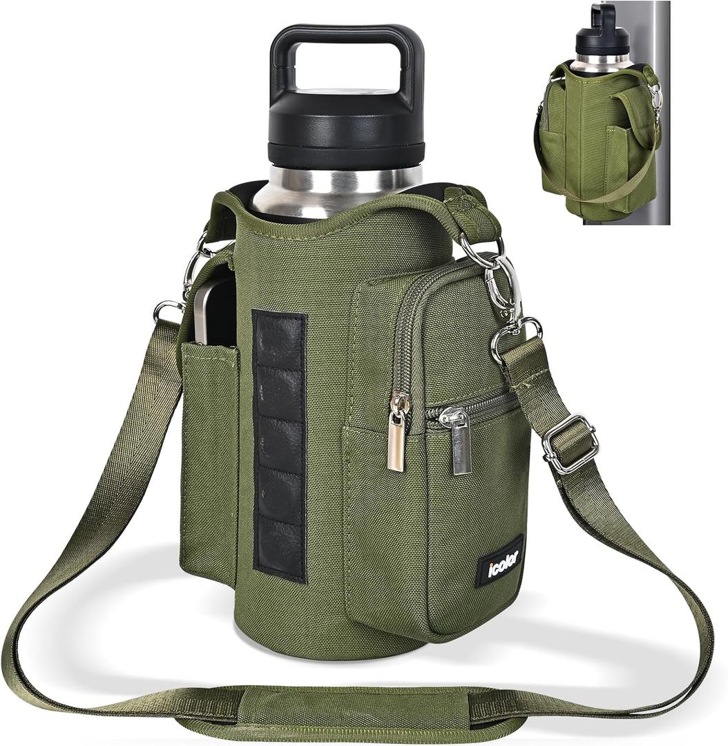 icolor Magnetic Gym Bag Water Bottle Carrier Holder with Phone Pockets & Shoulder Strap,5 Built-in Magnets Gym Bottle Pouch Sleeve,Magnetic Bag Gym Accessories Organizer for Men Women (Army Green)
