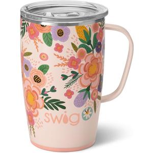 Swig Life 18oz Travel Mug, Insulated Tumbler with Handle and Lid, Cup Holder Friendly, Dishwasher Safe, Stainless Steel, Floral Mug, Flower Tumbler, Mothers Day Gifts for Mom (Full Bloom)