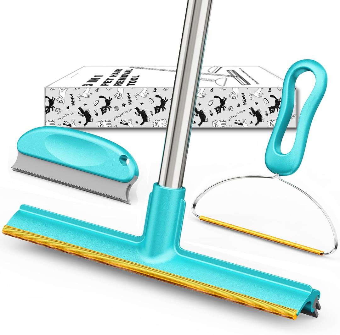 Carpet Rake for Pet Hair Removal (3 Pack), Dog Cat Fur Remover Rubber Broom, Stainless Steel Long Handle Lint Shaver Cleaner Tools, Scraper Brush for Carpet, Rug, Car Mat, Couch, Pet Bed, Furniture