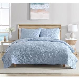 CARIBBEAN JOE King Outlined Shell 3-Piece Quilt Set, Coastal Beach Design Bedding, Blue