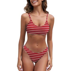 Fanuerg Women's Ribbed Bikini Sets Scoop Neck Cheeky Swimsuit Textured Two Piece Bathing Suit (Red White Stripes, Large)
