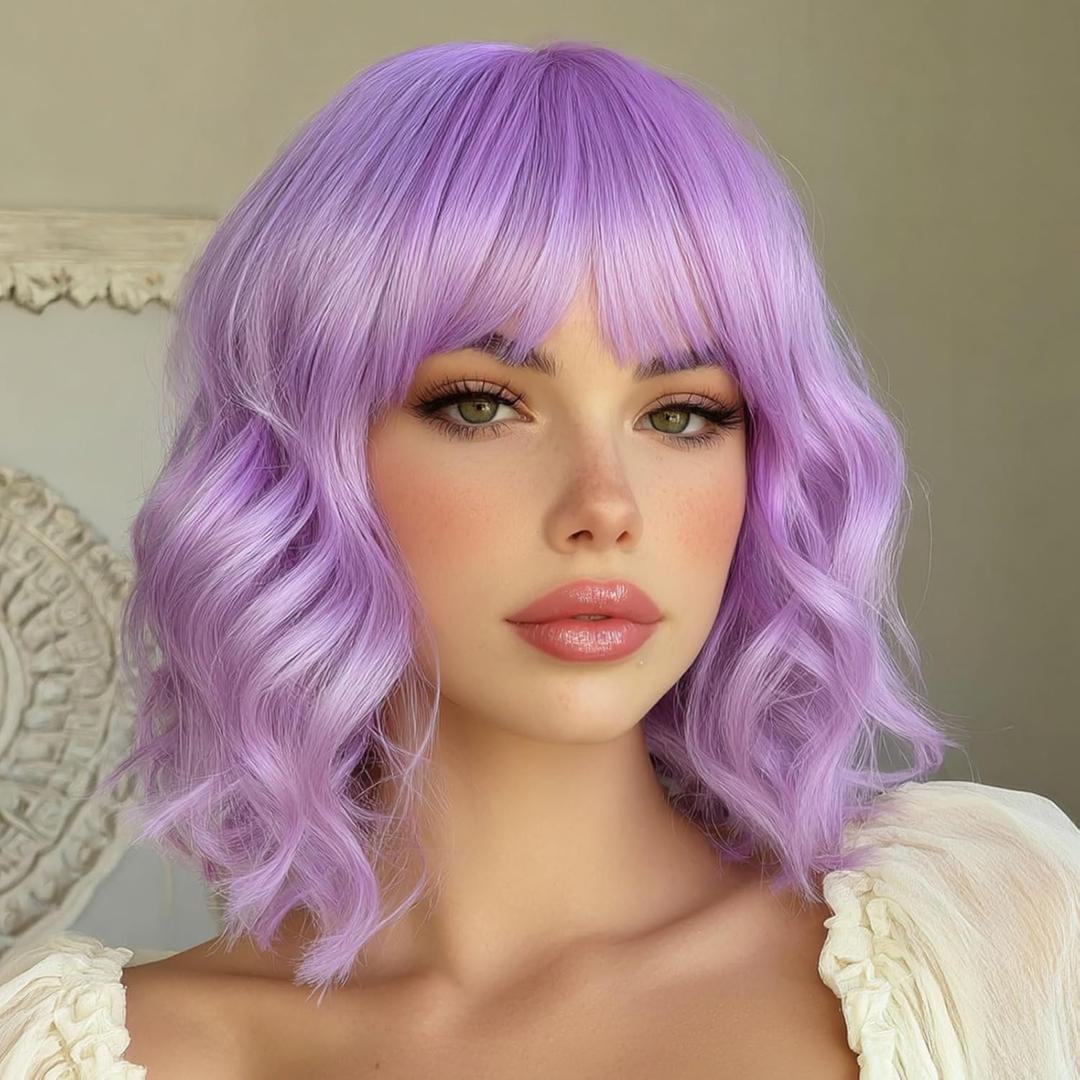 Purple Wig with Bangs Short Purple Bob Wigs for Women 14 Inch Lavender Purple Wavy Curly Wigs Short Bob Synthetic Wigs Shoulder Length Colorful Cosplay Wig for Girl Halloween Party Costume Daily