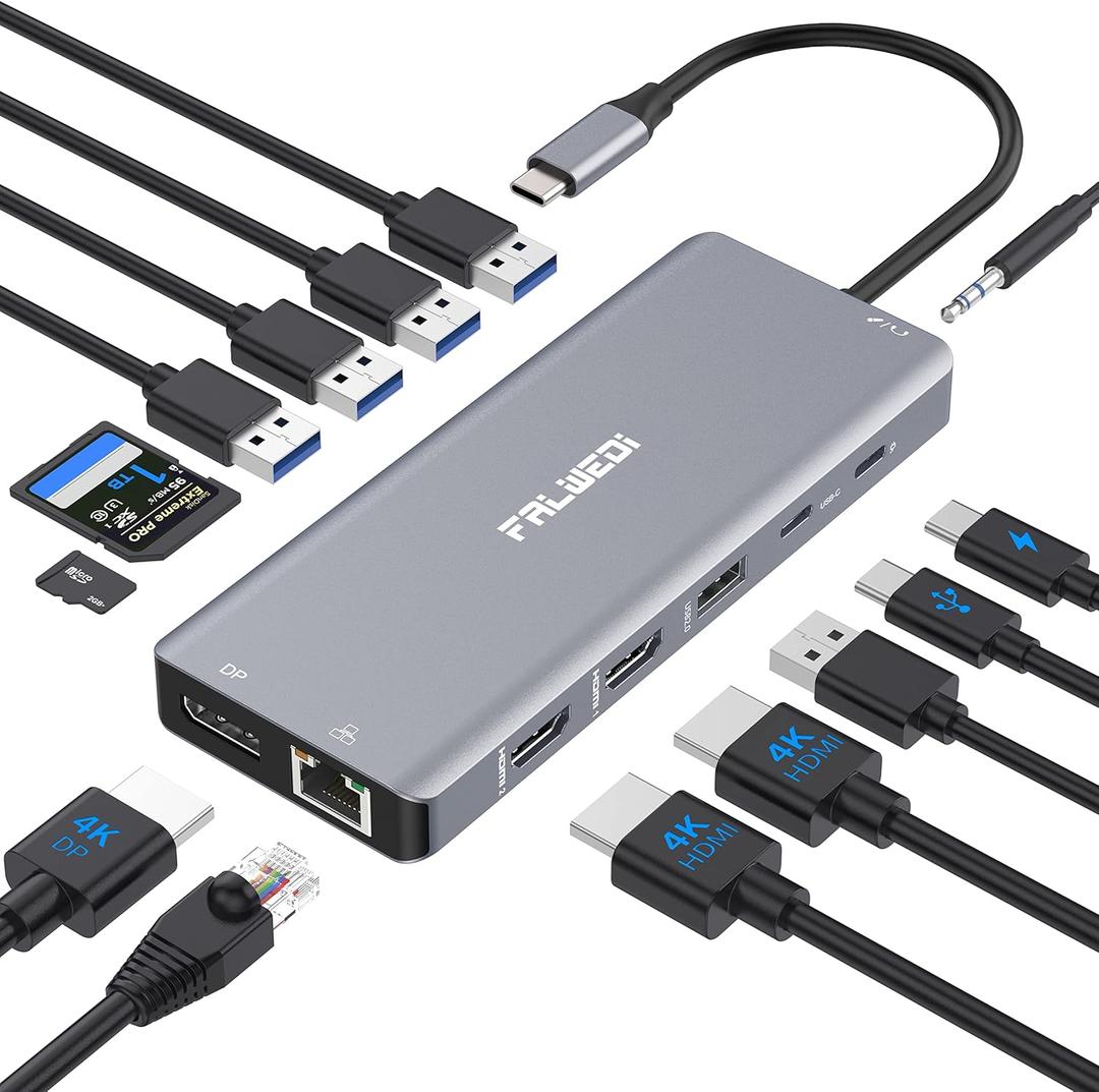 Laptop Docking Station Dual Monitor, 14 in 1 USB C Hub Multiport Adapter Dongle with 2 HDMI, DisplayPort, Ethernet, SD/TF, USB C/A Ports, PD, Mic/Audio, Compatible for MacBook Dell HP Lenovo (Grey)