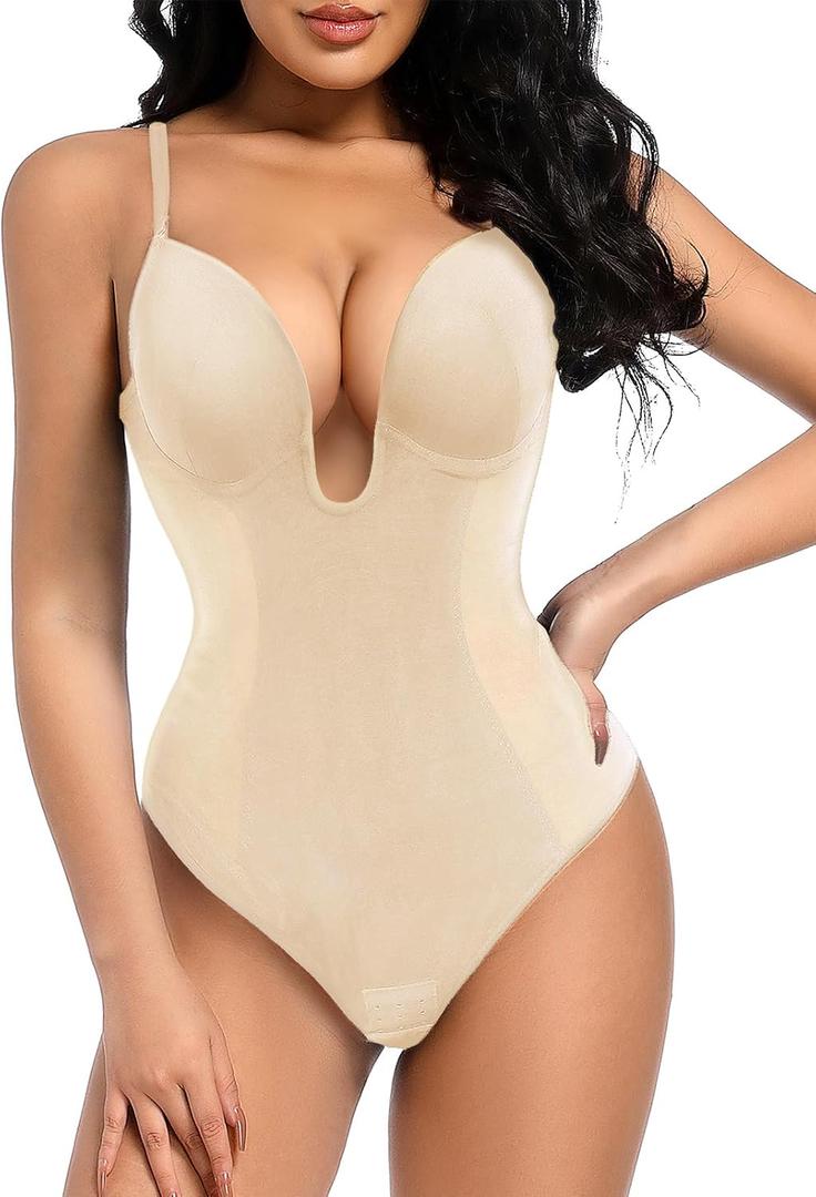 Decorus Women's Low Back Shapewear Tummy Control Deep V Neck Backless Body Shaper Plunge Thong Bridal Bodysuit Built in Bra, L 