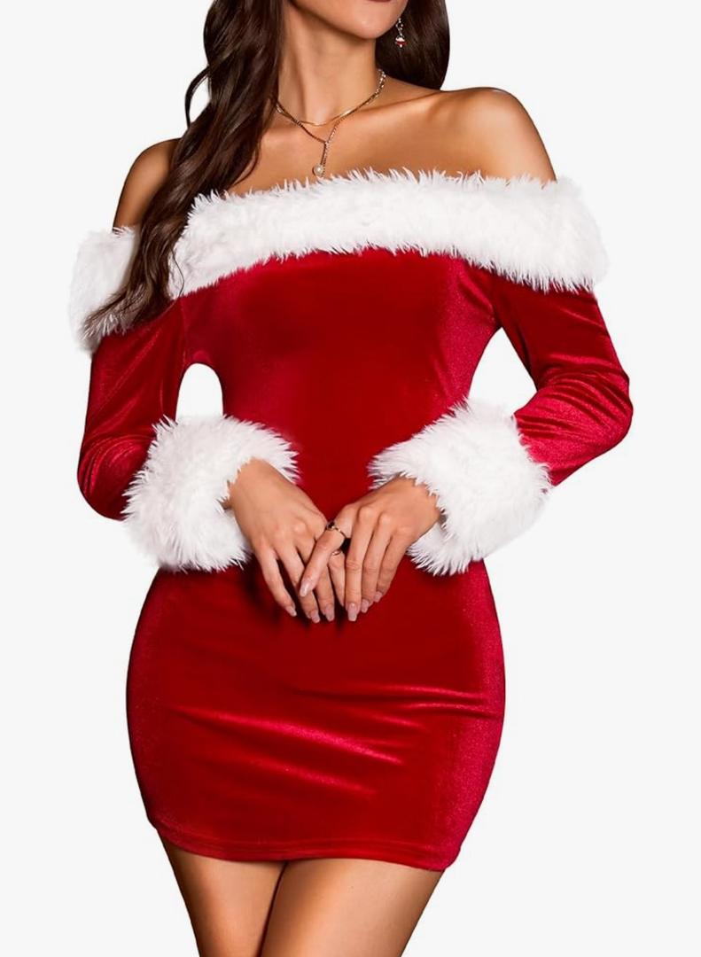 Christmas Party Sexy Dresses- Womens Off The Shoulder Long Sleeve Fur Trim Velvet Ruched Bodycon Club Mini Dress M