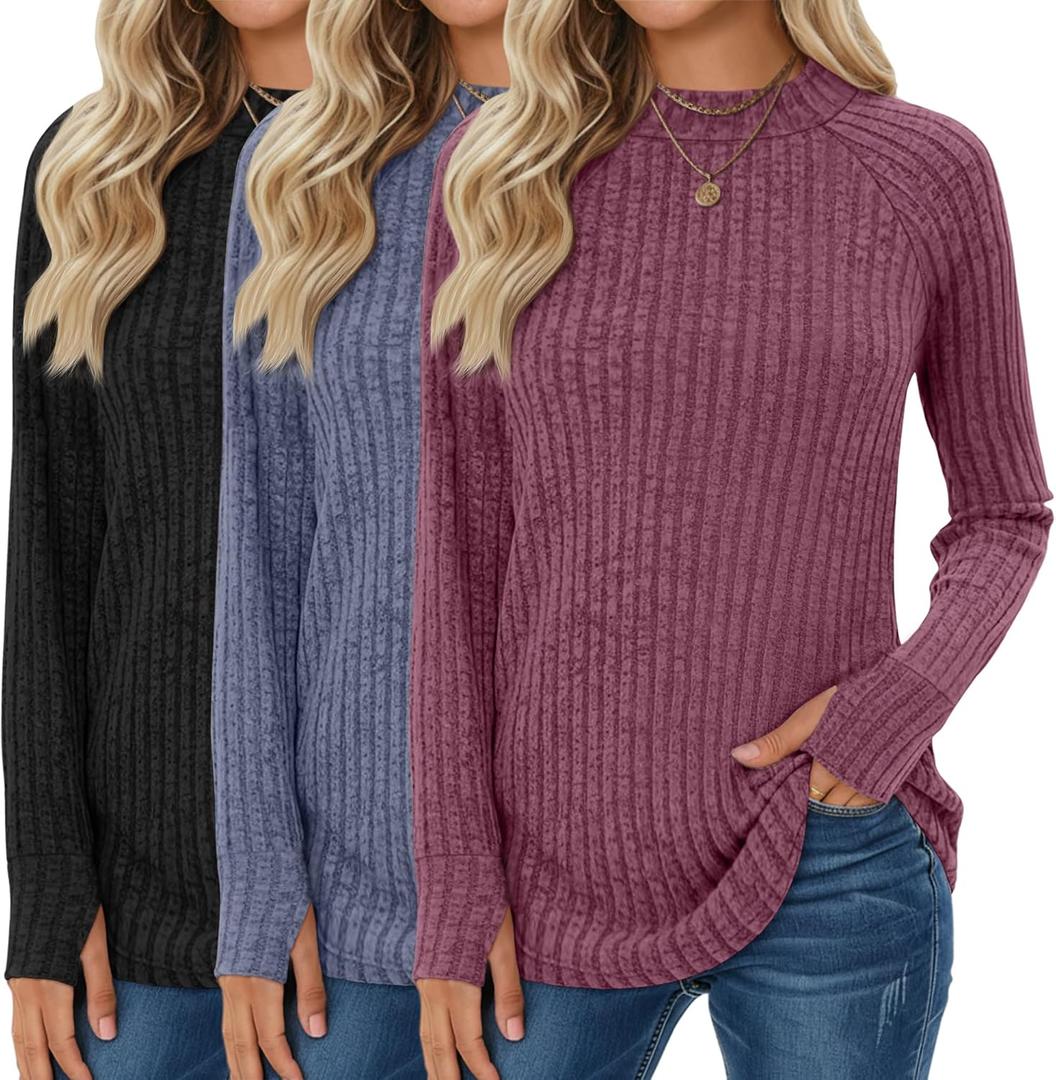 3 Pack Women's Sweater Long Sleeve Shirts Mock Turtleneck Tunic Tops Thumbhole Ribbed Curved Hem Loose Fall Clothes (Large, Grape Purple, Gray Blue, Black)