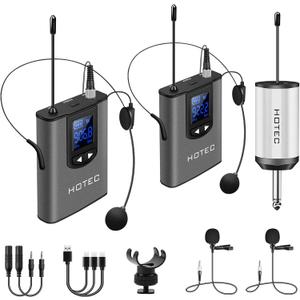 Hotec Wireless System with Dual Headset Microphones/Lavalier Lapel Mics and Bodypack Transmitters and One Mini Rechargeable Receiver 1/4" Output, for Live Performances (silver)