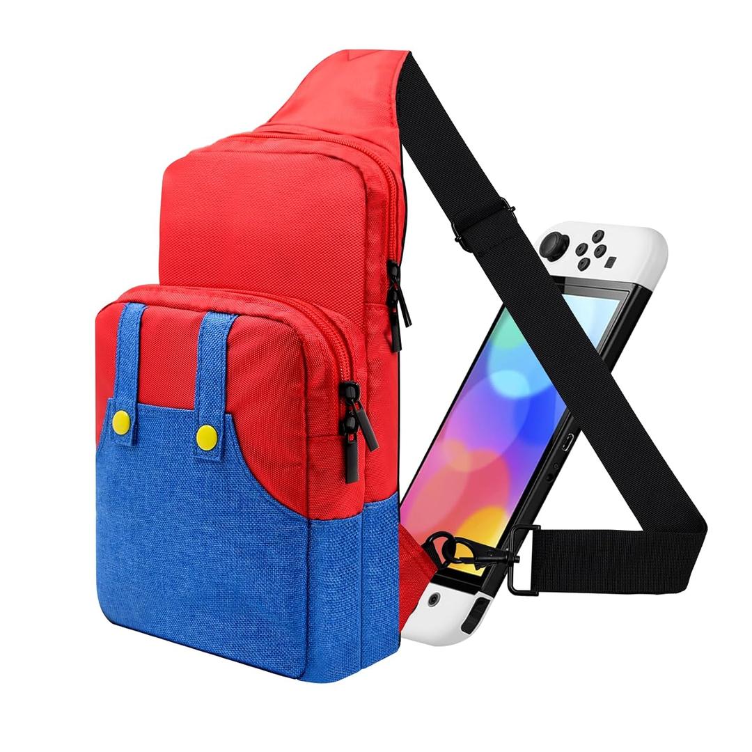 Vadaxx Cute Travel Bag for Nintendo Switch/2/Lite/OLED, Small Sling Portable Waterproof Backpack Carrying Crossbody Shoulder Chest Gaming Bag Case for NS SD Console Dock Joy-Cons Accessories Storage (Red-Upgraded)