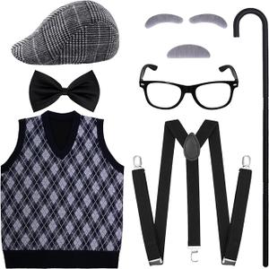 Yymobt 7 PCS Adult 100 Days of School Men Costume, 100 Days of School Man Costume for Halloween Grandpa Costume 1920s Old Man Dress Up Outfit Accessories, For Children, Size M