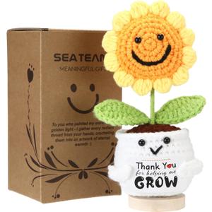 Sea Team Handmade Positive Sunflower Crochet Doll with Emotional Support Card, Knitted Artificial Flower, Christmas Decoration, Thank You Gift for Coworker, Friend, Bestie, Teacher (Small)