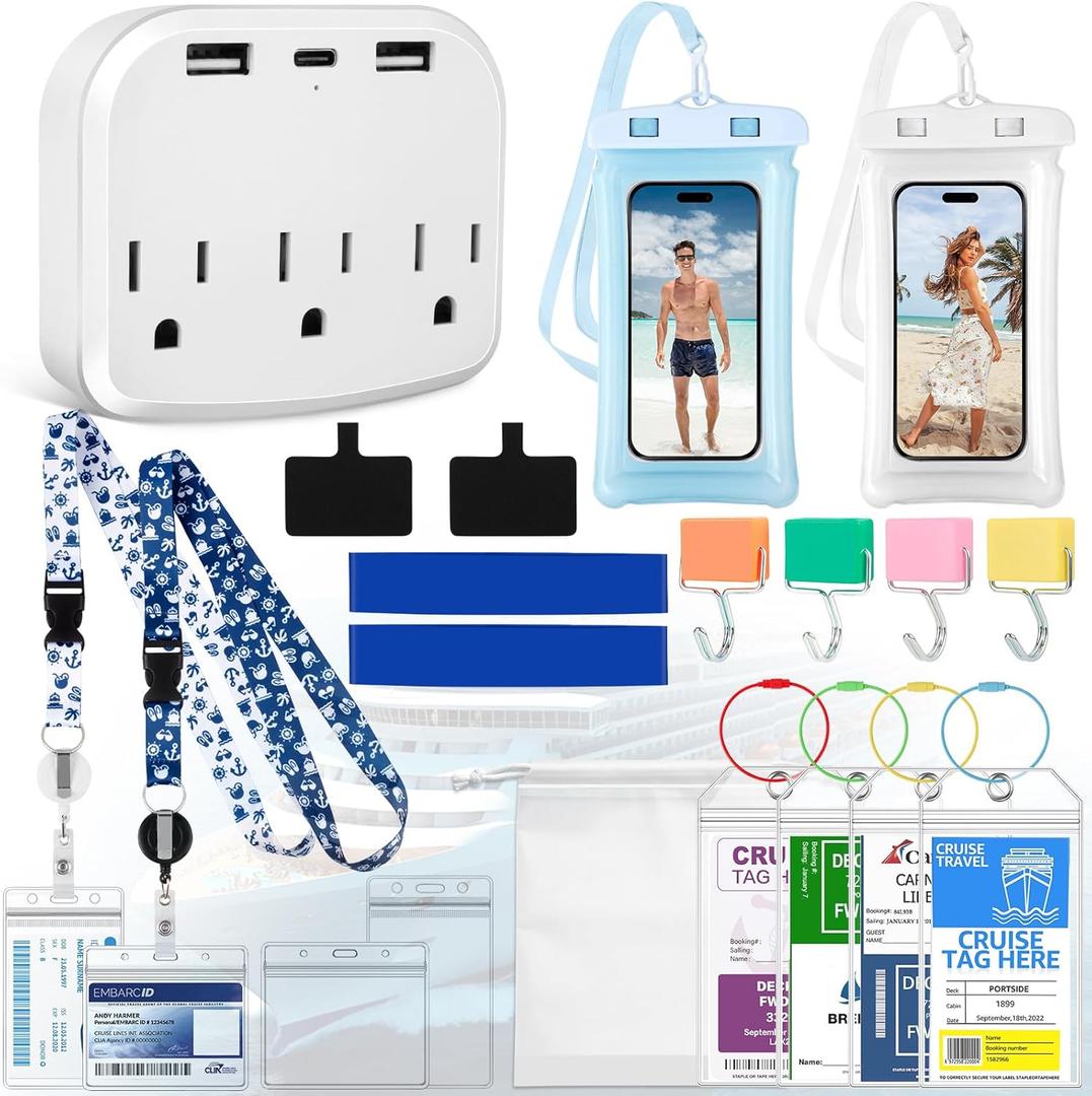 Cruise Essentials 2026 - Complete Cruise Must Haves Kit with Cruise-Safe Non-Surge Power Strip, Adjustable Lanyards, Magnetic Hooks, Luggage Tags & Reusable Towel Bands for All Cruise Lines