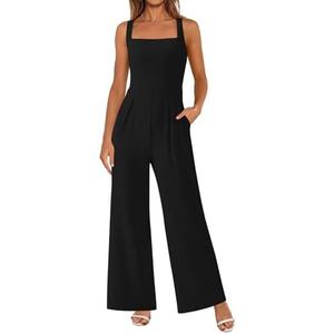 PRETTYGARDEN Summer Sleeveless Jumpsuits for Women Dressy Square Neck Wide Leg Pants Knit One Piece Rompers Fashion Clothing M