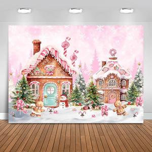 Christmas Pink Gingerbread House Backdrop 10x7ft Cartoon Candy House Photography Background Party Decorations Girls Birthday Baby Shower Banner Photo Booth Props