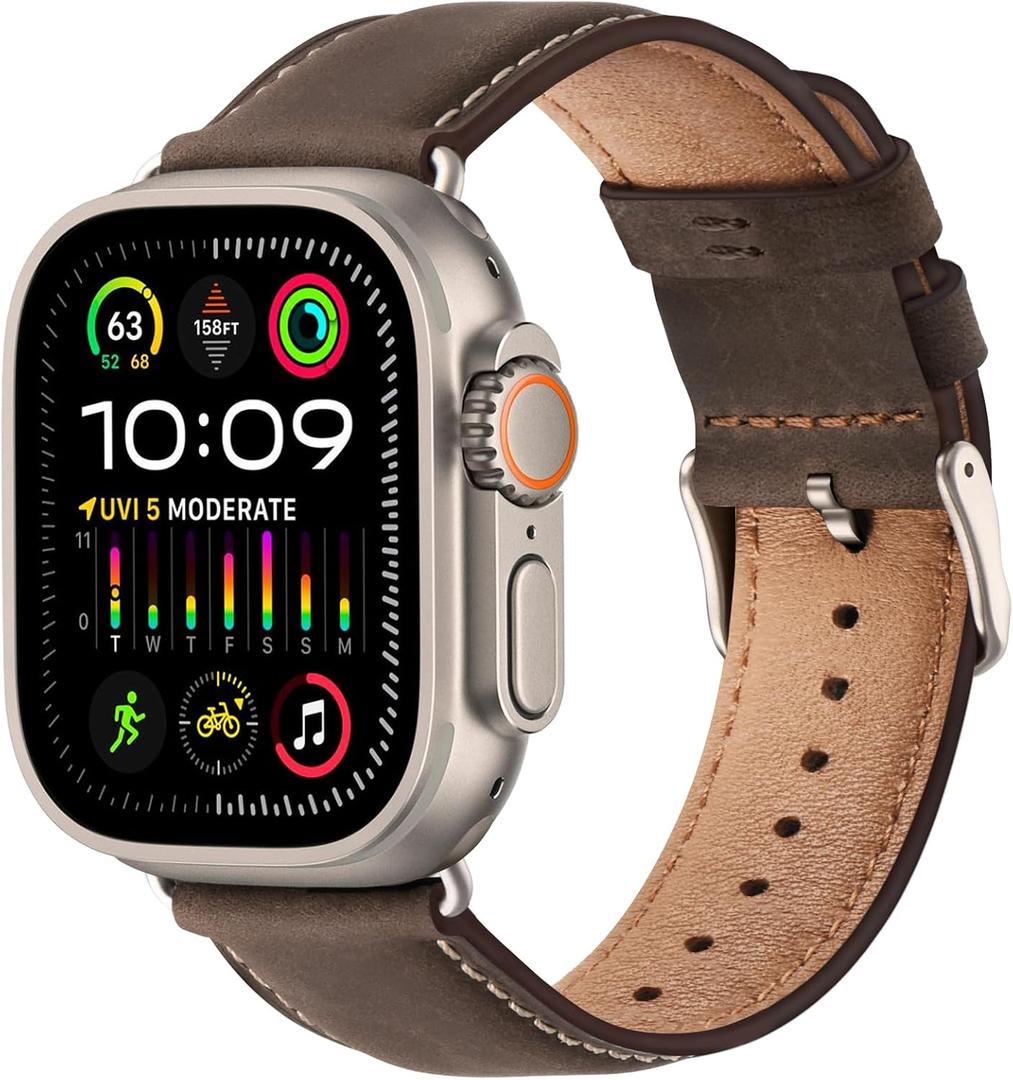 SUNFWR Leather Bands Compatible with Apple Watch Band 41mm 40mm 38mm 42mm(series 11 10) for Men Women, Top Grain Genuine Leather Replacement Strap for iWatch SE 3 2 1, Series 11 10 9 8 7 6 5 4 3 2 1 (Coffee/Titanium)