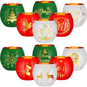 Jingmore 12 Pcs Christmas Votive Candle Holder 3.3 x 2.7 Inch Tealight Candle Holder for Christmas Red Green White Xmas Candleholder Jar Decorations for Table Centerpiece Home Party Holiday