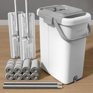 JOYMOOP Mop and Bucket Set for Floor and Wall Cleaning, Commercial and Household Use, Flat Mop System with 60" Dual Mops + 8 Pads