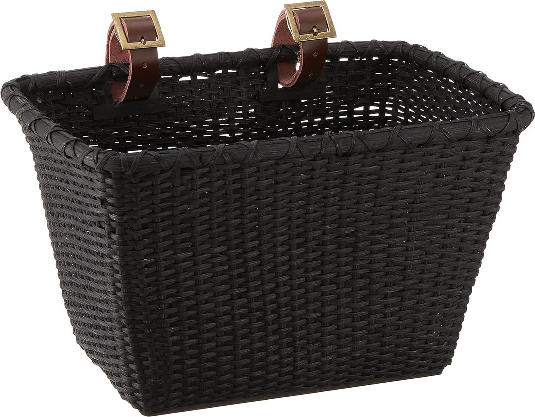 Retrospec Bicycles Cane Woven Rectangular Toto Basket with Authentic Leather Straps and Brass Buckles (Black)