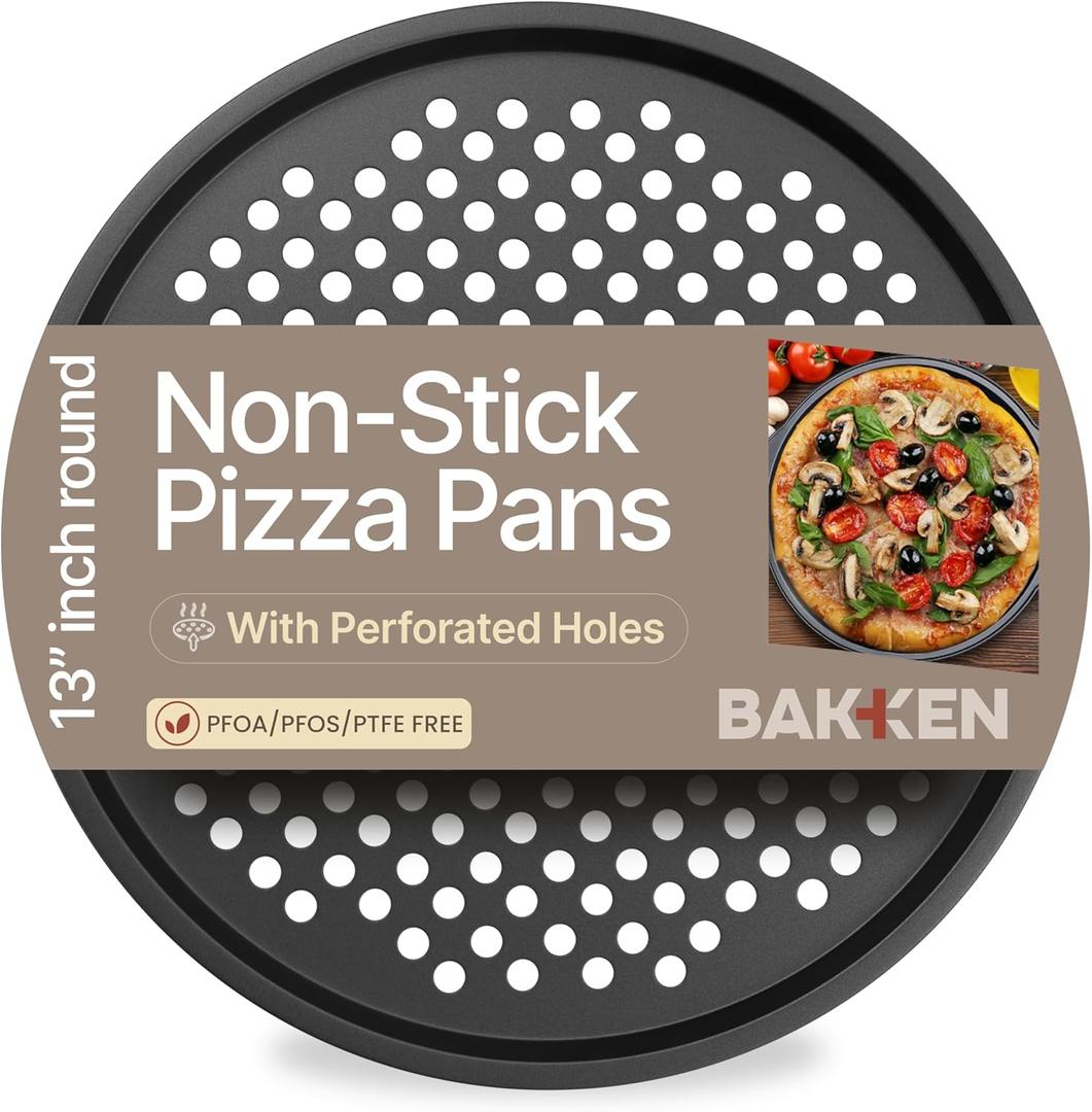 Non-Stick Pizza Pan with Holes - 13-Inch Perforated Pizza Crisper Carbon Steel Pizza Pan - 1 Round Pizza Trays PFOA PFOS and PTFE Free (Black)