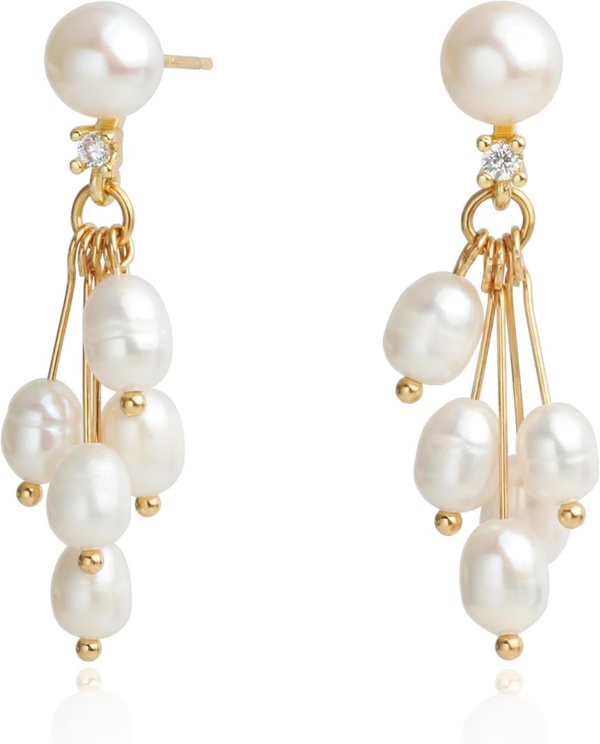 Handmade Freshwater Cultured White Pearls Cluster Dangling Drop Earrings for Women, 14K Gold Plated