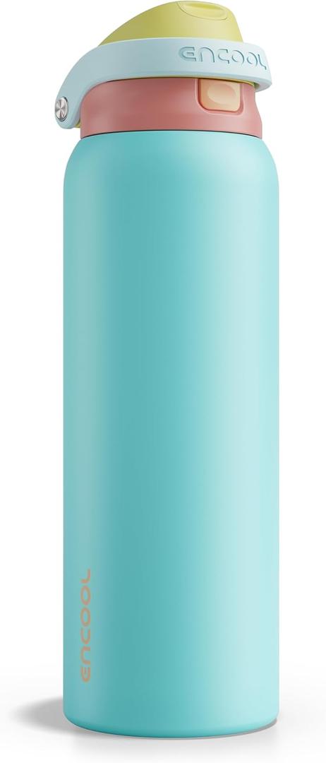 ENCOOL Leakproof Insulated Water Bottle with Straw Dual-Sip Water Bottle Bag-Safe Design for Work, Commute & Gym  Keeps Drinks Cold All Day, 40 oz, Orange-Reef Blue