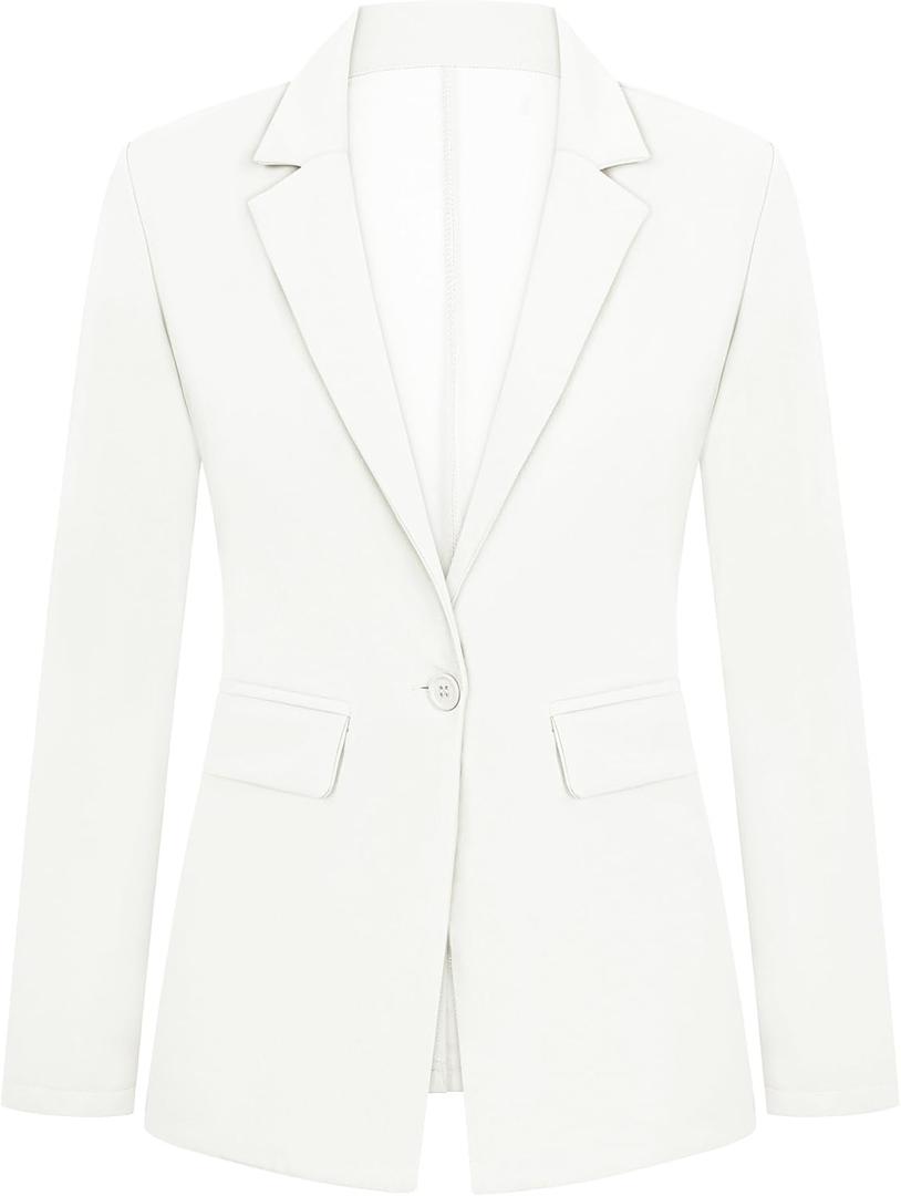 Womens Blazer One Button Jacket Suits Notched Lapel Casual Work Office Long Sleeve Blazer with Pockets (Medium, White)
