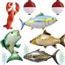 Fishing Theme Foil Balloons Set, Tuna Carp Salmon Lobster Bobber Balloons, Ocean Seafood Party Decorations, Helium Supported Balloons for O fishally One First Birthday, Summer Beach Birthday Decor