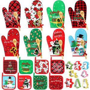 Suclain 32 Pcs Funny Christmas Oven Mitts Pot Holders Gift Set Holiday Novelty Word Baking Cookie Cutters Wooden Spoons Kitchen Xmas Supplies for Women Cooking Gifts