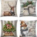 Christmas Pillow Covers 20x20 Inch Set of 4, Holiday Winter Outdoor Vintage Snowflake Xmas Snowman Neutral Farmhouse Seasonal Burlap Reindeer Decorations for Sofa Couch