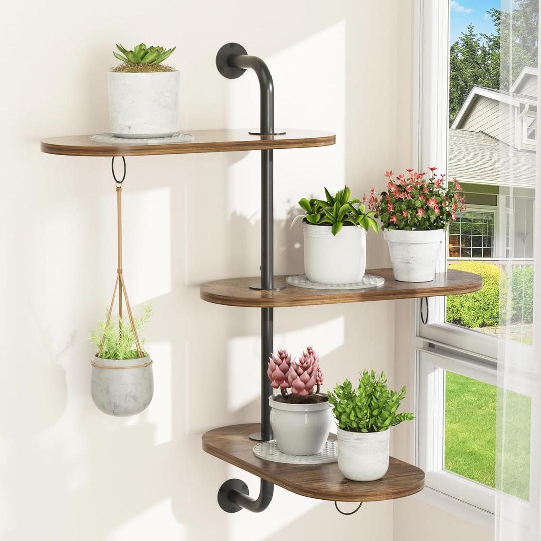 Rotating Window Plant Shelves with 3 Antislip Mats, 3 Tier Plant Stand Indoor Outdoor, Wooden Window Plant Shelf with 3 Circle Hook, Hanging Plant Holder for Window, Potted Plants, Flowerpots (Antique Color, 3 Tier)