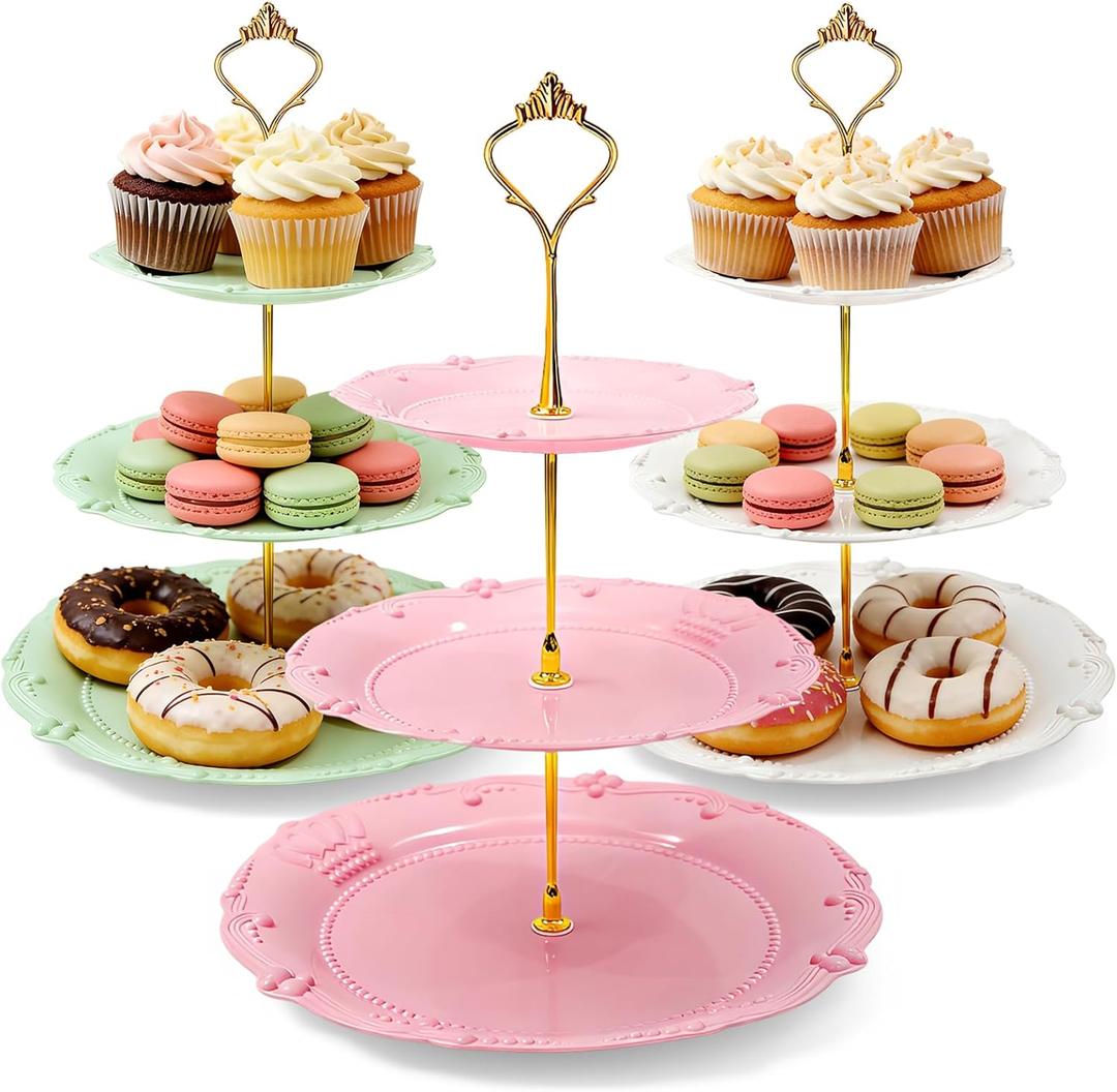 Nexboraque 3 Pack 3 Tier Plastic Cupcake Stand, Dessert Cup Cake Holder Tower Reusable Tiered Serving Tray with Metal Rod Pastry Platter for Wedding, Birthday, Tea Party - White Green Pink
