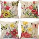 wyooxoo Throw Pillow Covers 20x20 Set of 4 Decorative Spring Pillow Covers Linen Flower Butterfly Farmhouse Pillowcases for Sofa Couch Living Room Outdoor