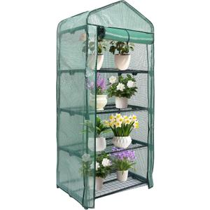 MaxWorks 51962 4 Tier Mini Greenhouse 63'' H x 27'' L x 19'' W PE Cover with UV Protection Green Indoor Outdoor Gardening Roll Up Zipper Door Grow Seedlings and Seeds Portable