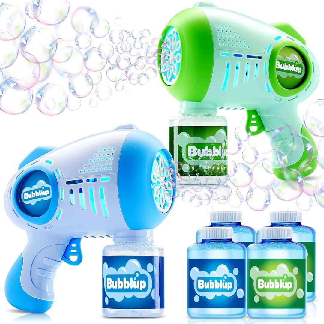 JOYIN 2 Kids Bubble Guns with 4 Bottles Solution, Automatic Bubble Machine Gun with 8 Holes for Kids, Adults, Summer Toys, Easter Basket Stuffers, Birthday Gift, Party Favors (Green, Blue)