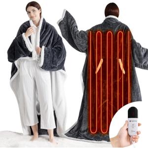 OMYSTYLE Electric Blanket Wearable with Foot Pocket, Wearable Heated Blanket with Sleeves, 1-6 Heating Levels & Fixed 4 Hours Heating Time Setting, 52 * 72"+18", Dark Grey